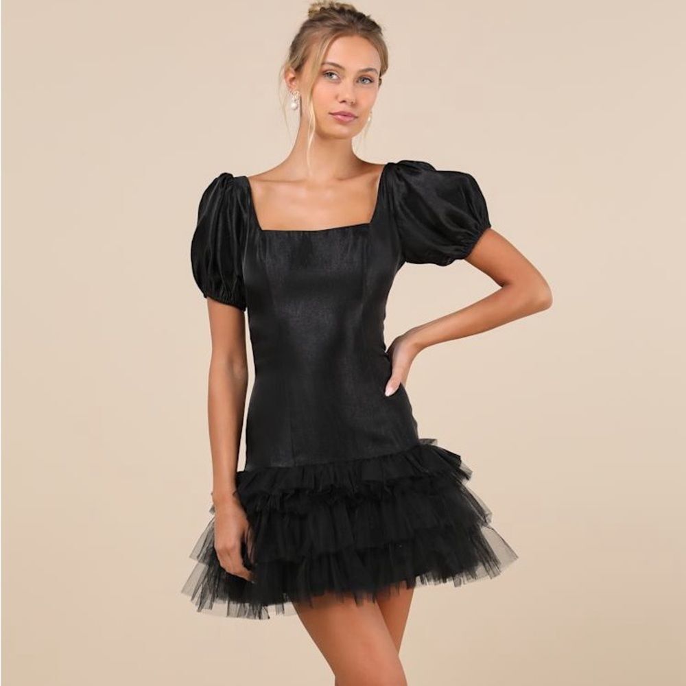 Lulus Notably Fabulous Black Taffeta Tiered Puff Sleeve Mini Dress Goth Size XL